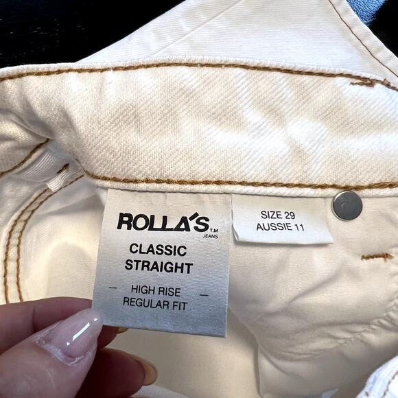 Rolla's Women 29 Classic Straight High Rise Regular Fit White Jeans Brown Trim - Picture 8 of 12
